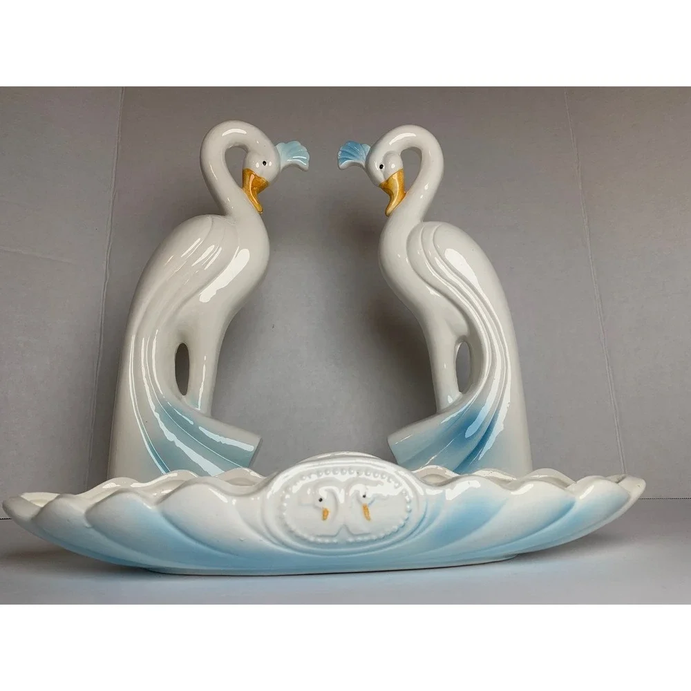 Vintage 1988 Artmark Chicago Ceramic Crane Figurine‎ Console Set White Blue 3pc